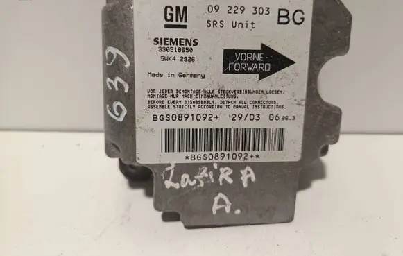 Opel Zafira A Airbag control unit/module 09229303 BGS0891092 330518650