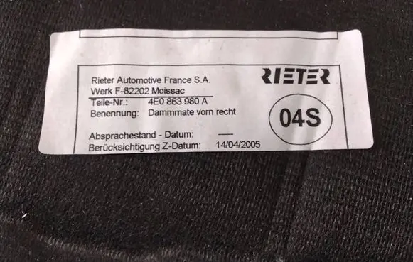Audi A8 S8 D3 4E Front door sound insulation 4E0863980A