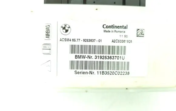 BMW 5 F10 F11 Airbag control unit/module 9253637 31925363701