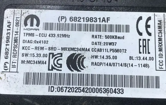 Dodge Challenger Tire pressure control unit 68219831AE 43392MHZ CCAB11LP5580T2