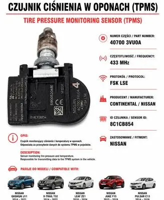 Nissan X-Trail T32 Tire pressure sensor 407003VU0A 8C1CB854